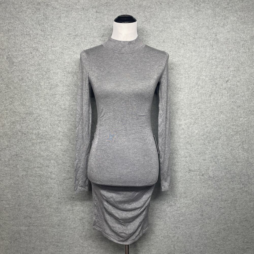 NWT Express Women’s XS Gray Ruched Mock Neck Long Sleeve Bodycon Sweater Dress